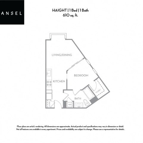 Floor plan for 1 bed, 1 bath, 610 sqft